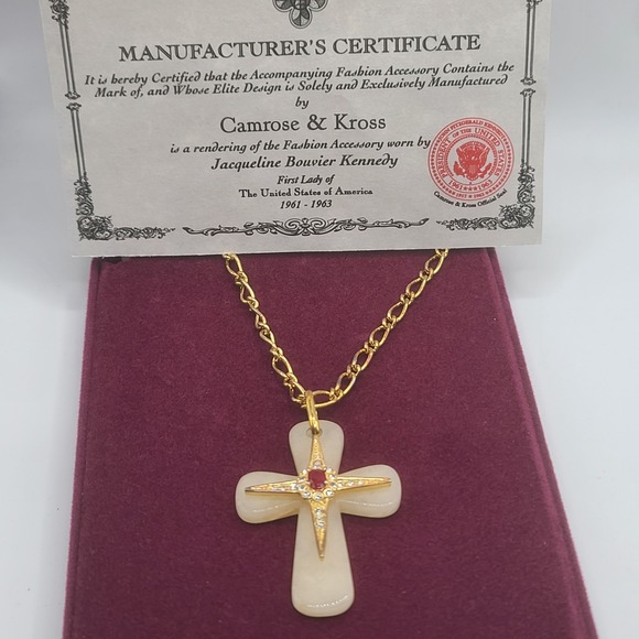 Vintage Camrose Kross Necklace JBK Cross Stone Gold Tone In Box 28" - Picture 1 of 9
